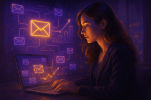 Mujer trabajando en su laptop en una campaña de Email Marketing con gráficos y correos automatizados.