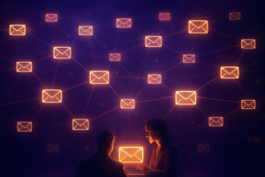 Red de iconos de correo interconectados que representan la automatización y el flujo del Email Marketing.
