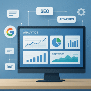 “Qué es Google Tag Manager: panel de análisis y etiquetas digitales conectadas en una interfaz moderna de marketing digital.”