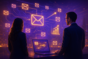 Profesionales analizando estrategias de Email Marketing con pantallas holográficas y datos de rendimiento.